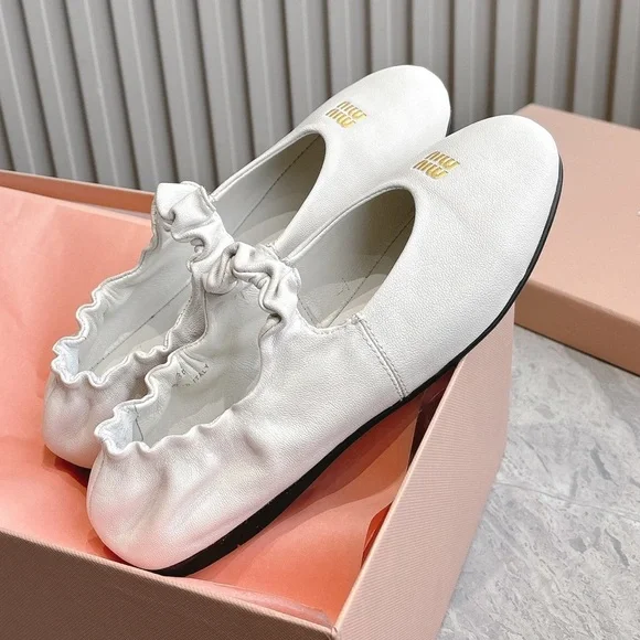 Women's Miu Miu White Leather Ruched-Top Ballet Flats with Gold Logo Accent